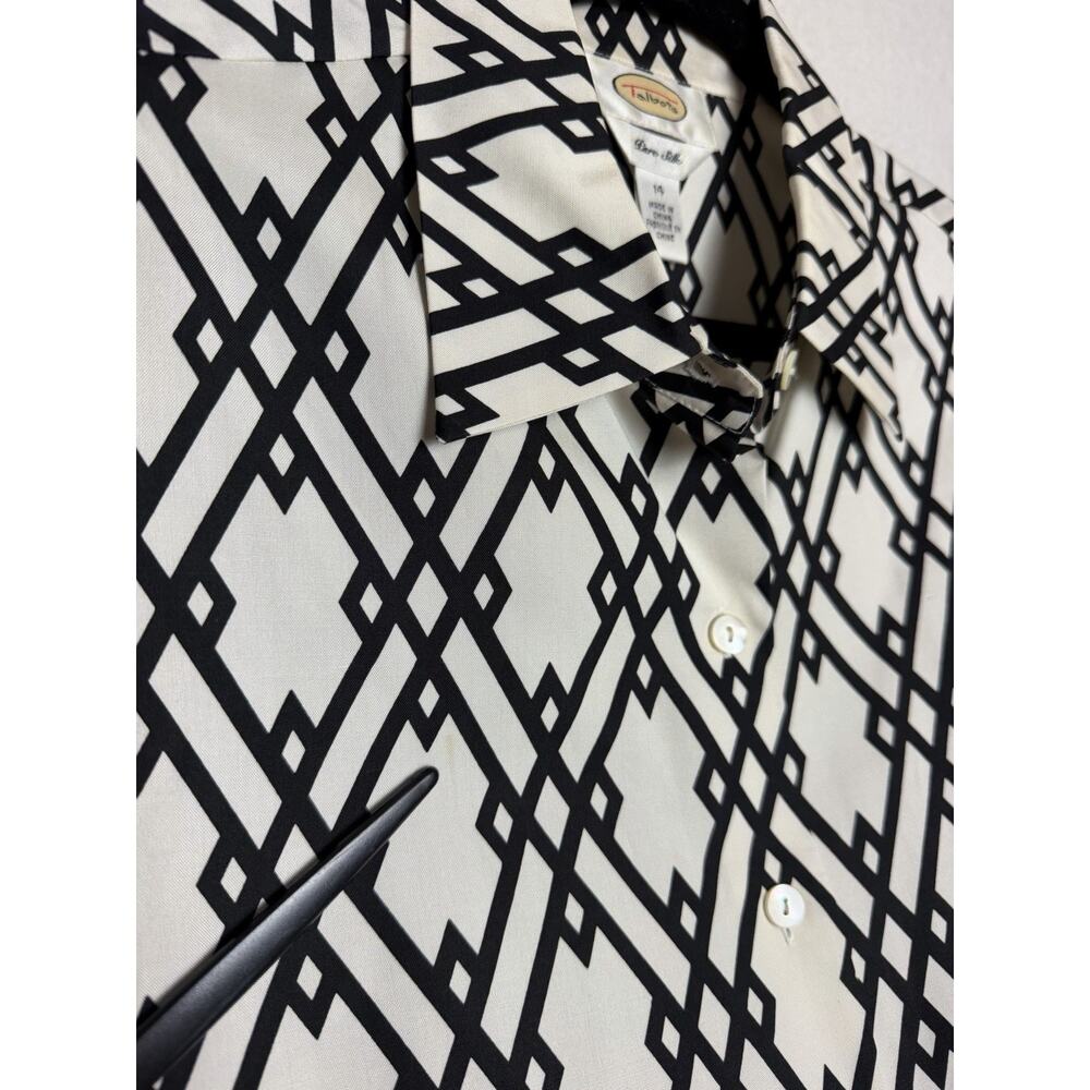 Talbots Silk Black White Geometric Diamond Long Sleeve Button Up Blouse Size 14 - Picture 5 of 11